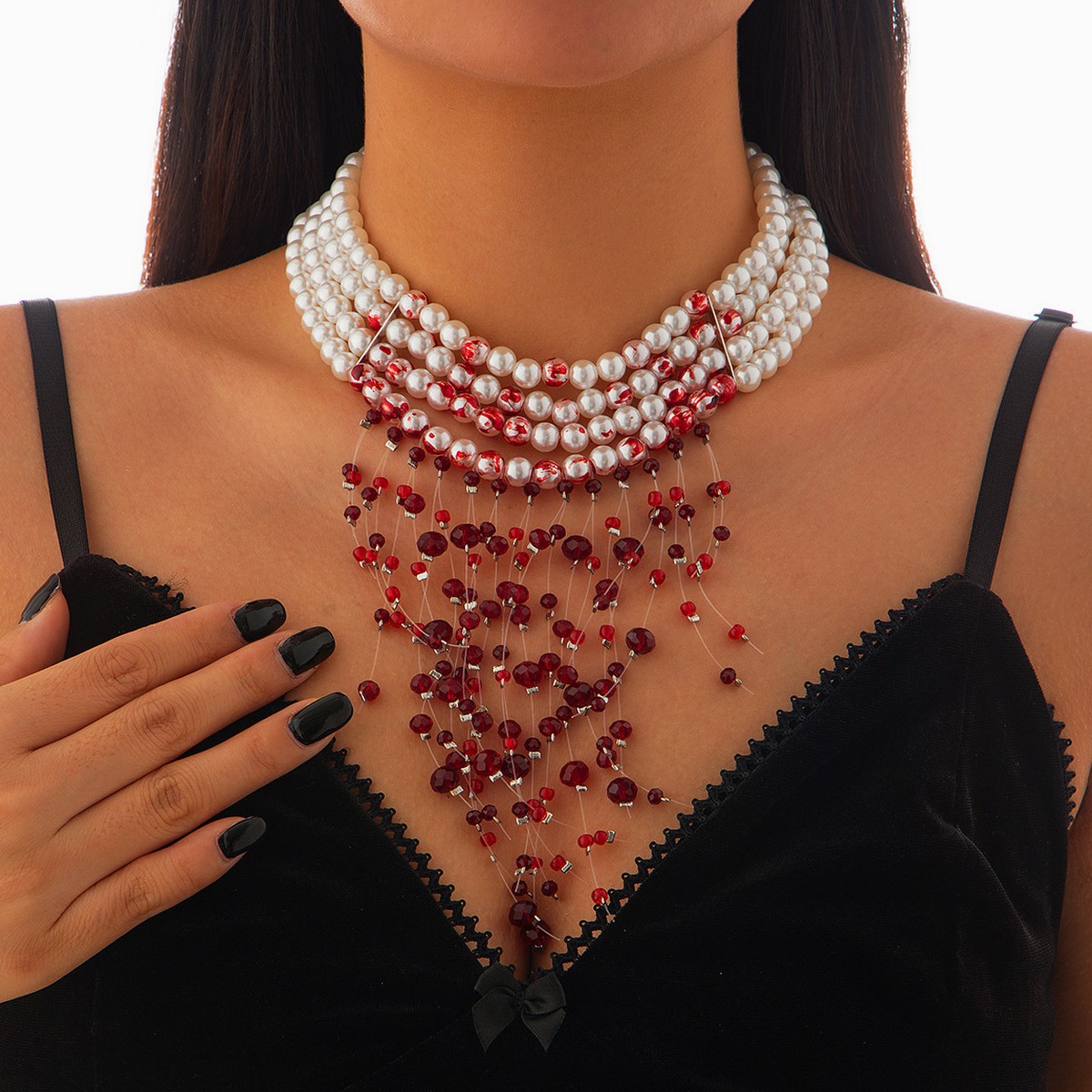 Pearl Choker Necklace Vintage - สร้อยคอโชคเกอร์คริสตัลมุกเทียมสไตล์กอธิคประดับหยดน้ำลายเลือด พร้อมพู่ห้อยสำหรับฮาโลวีน เครื่องประดับคอสำหรับผู้หญิง ของขวัญวินเทจ