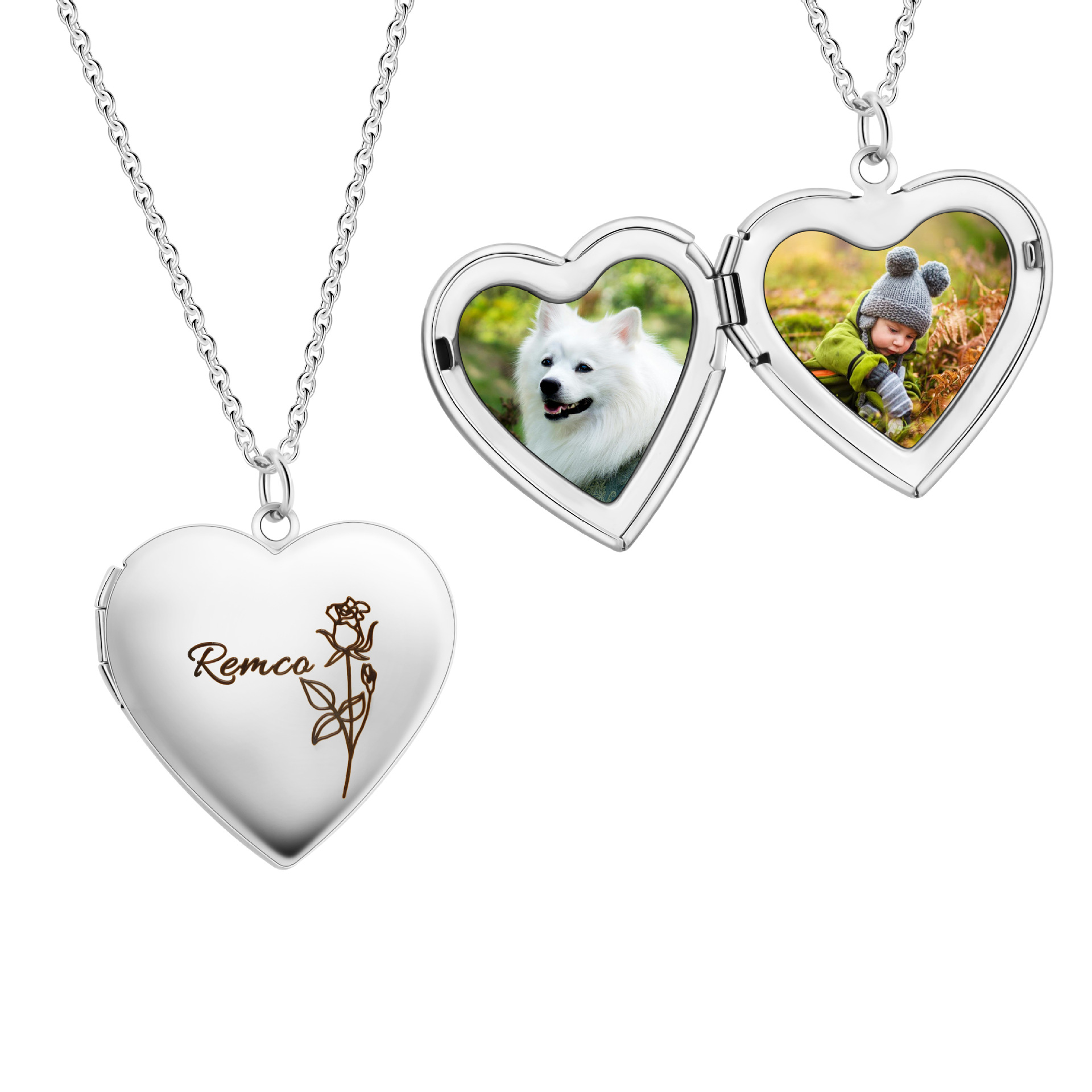 Heart Locket Necklace Photo - สร้อยคอจี้กรอบรูปหัวใจสีเงินสำหรับผู้หญิง ลายดอกไม้ ฉันรักคุณ สร้อยคอจี้เปิดได้รูปหัวใจ เครื่องประดับ