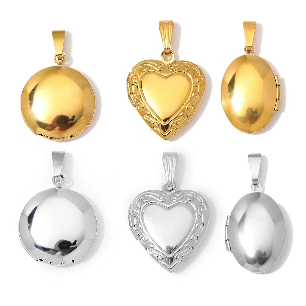 Heart Locket Necklace Photo - 3 ชิ้น/ล็อต ขายส่ง จี้สร้อยคอรูปหัวใจประดับเพชรเทียม ล็อกเก็ตสแตนเลสทรงกลมและวงรี ของขวัญพิเศษ