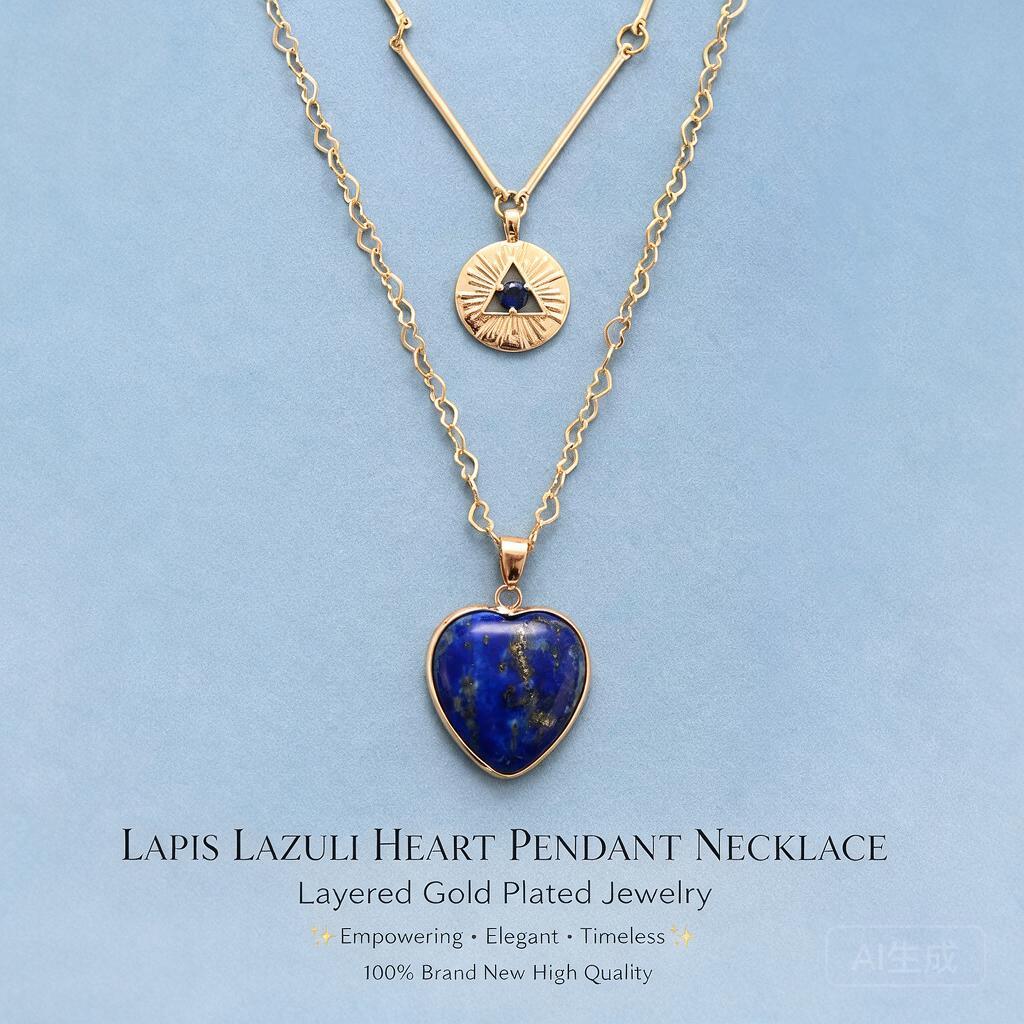 Layered Pendant Necklace Aesthetic - สร้อยคอหลายชั้น จี้รูปหัวใจอัญมณีธรรมชาติ ชาร์มลายรังสีทอง ลาพิส ลาซูลี ไทเกอร์อาย