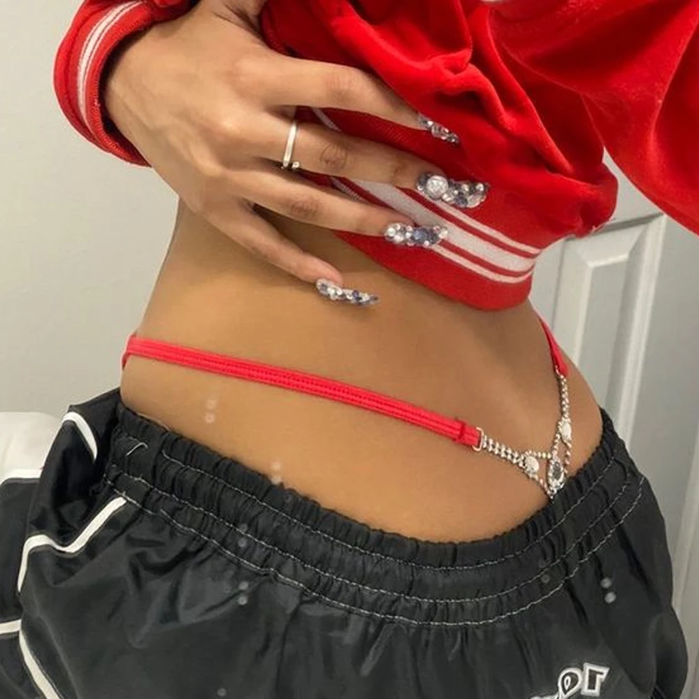 Body Jewelry - บิกินีสายหนังประดับพลอยเทียมทรงกลมสุดเซ็กซี่สำหรับผู้หญิงสามารถปรับขนาดได้กางเกงในจีสตริงคริสตัลทรงหยดน้ำสำหรับบิกินี่ชุดว่ายน้ำแบบโซ่