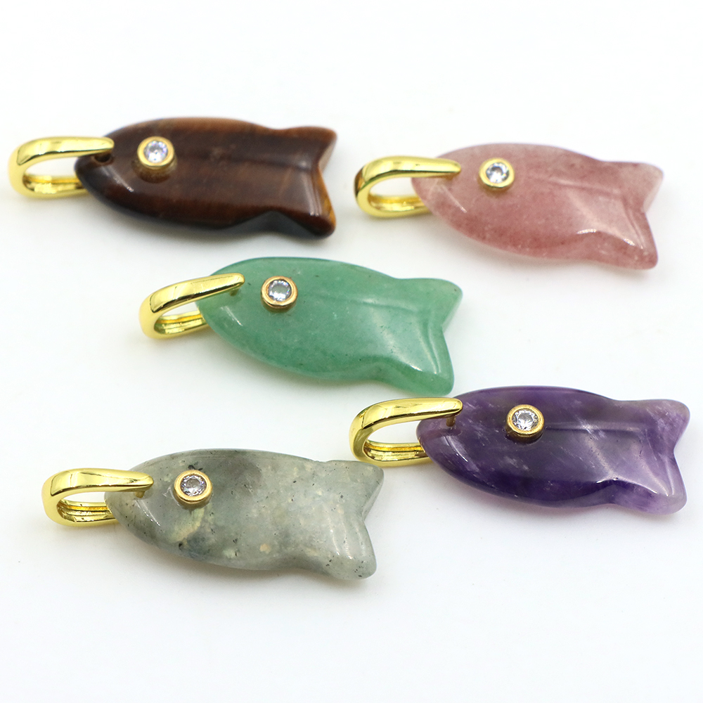 Crystal Pendant Necklace Natural Stone - จี้หินธรรมชาติรูปปลา ขนาด 26 มม. ประดับคริสตัลเซอร์คอน พร้อมห่วงสำหรับทำสร้อยคอ